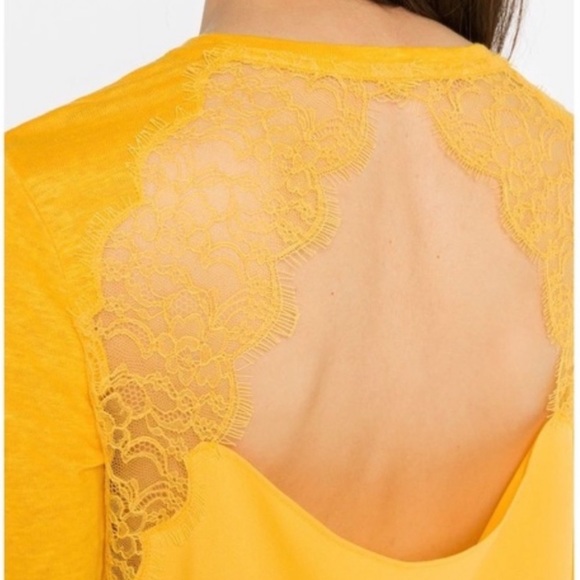 Sandro Paris Golden Yellow Open Back Lace Linen Long Sleeve Linen Top - Picture 9 of 10